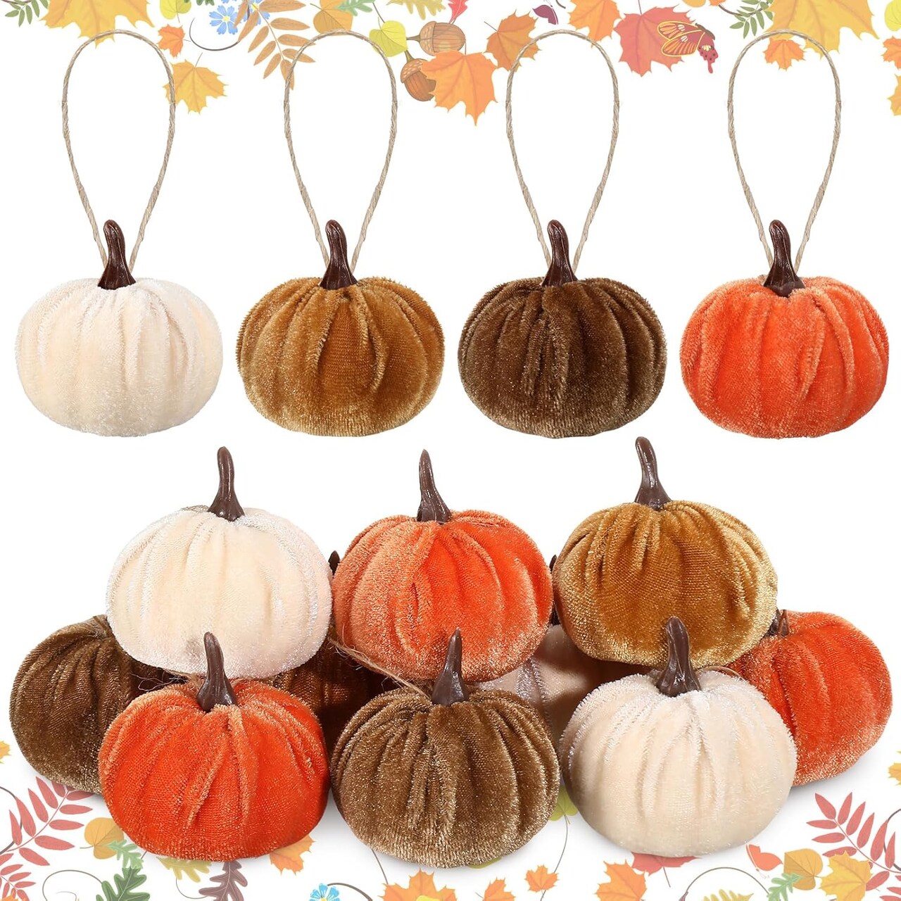 12 Pcs Fall Pumpkin Hanging Ornament 2 Inches Velvet Pumpkins